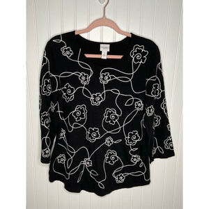 Women's Weekends by Chico's Top Size 1 Small Black Floral embroidered